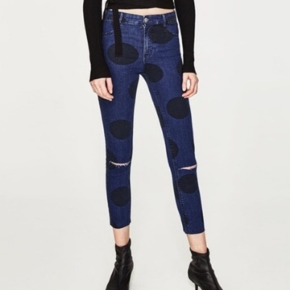 Zara Trafaluc Denim Makers Polka Dot Skinny Jeans Cropped Blue Black Size 4